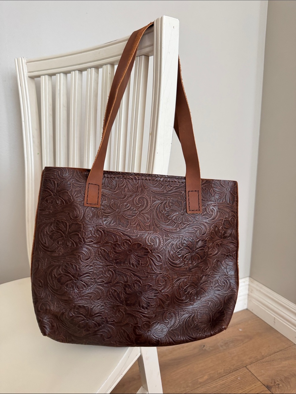 Women's Brown Tooled Leather Tote Bag with Floral Embossing